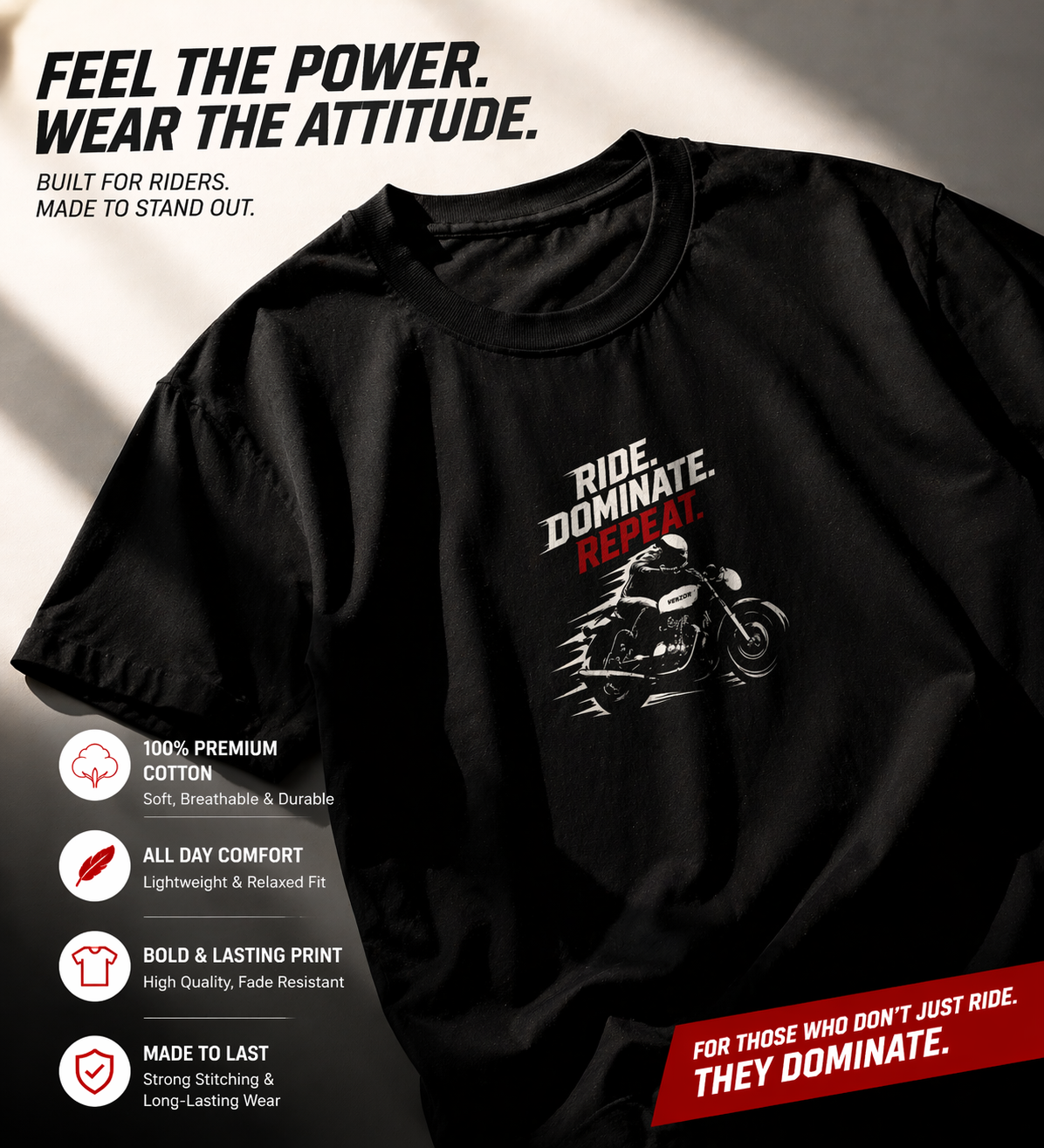 Venzor “Ride Dominate Repeat” T-Shirt – Premium Biker Attitude Tee