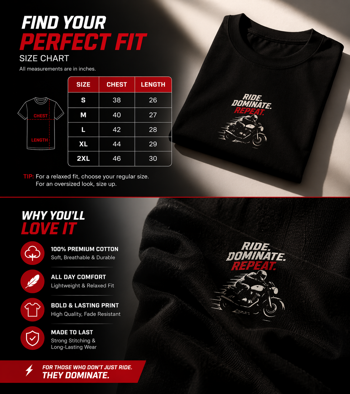 Venzor “Ride Dominate Repeat” T-Shirt – Premium Biker Attitude Tee