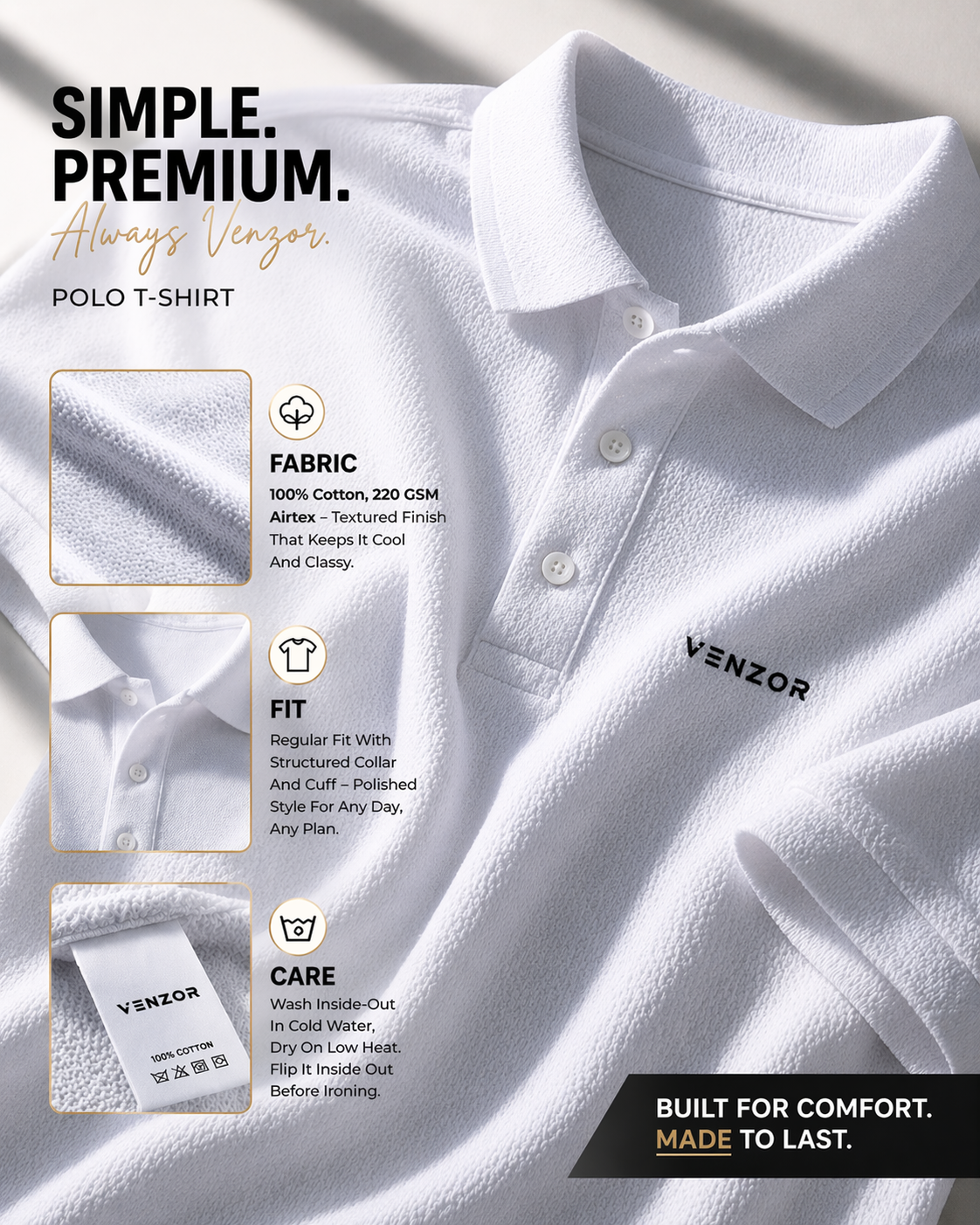 Venzor Essential Polo T-Shirt | Premium Textured Regular Fit