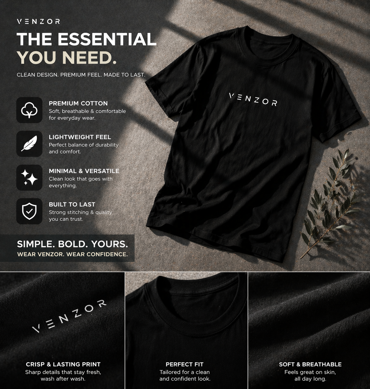 Venzor Essential Black Crew T-Shirt – Premium Cotton Everyday Wear